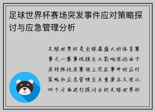 足球世界杯赛场突发事件应对策略探讨与应急管理分析