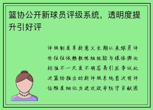篮协公开新球员评级系统，透明度提升引好评